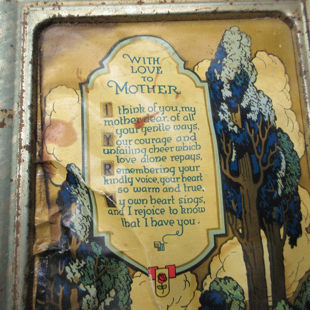 Vintage Artstyle Chocolates‎ Tin Box With Love to Mother Poem Art Deco Garden
